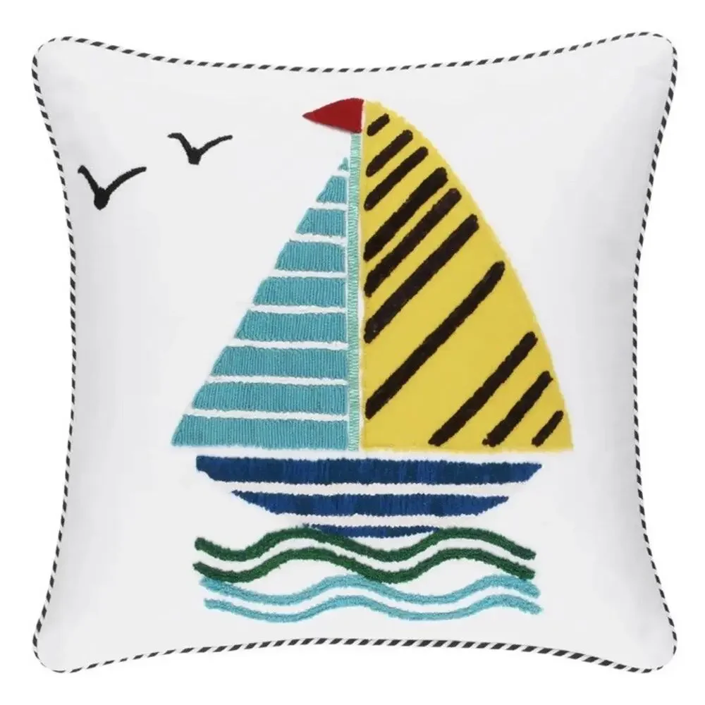 Annie Selke Sailboats With Birds Decorative Pillow Cover Yellow Blue Nautical